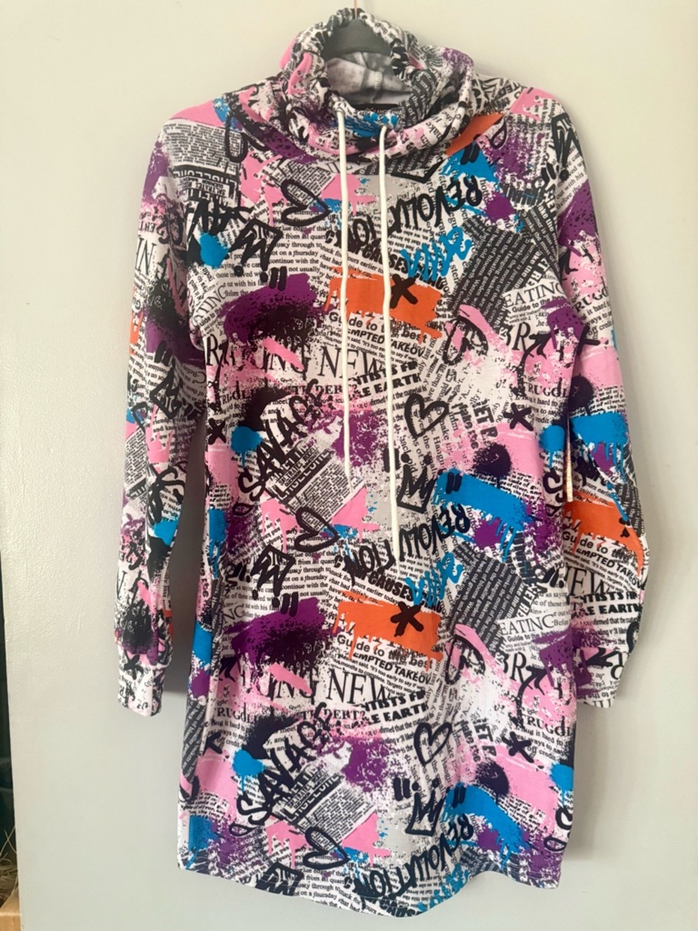 Almost Famous Graffiti & Newspaper Print Mini Dress – Y2K Streetwear Cowl Neck